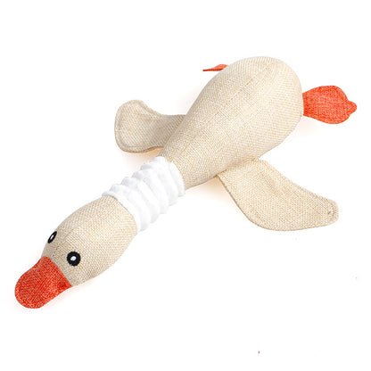 Interactive plush squeaky dog toy in brown and blue, ideal for dogs to play and cuddle.
