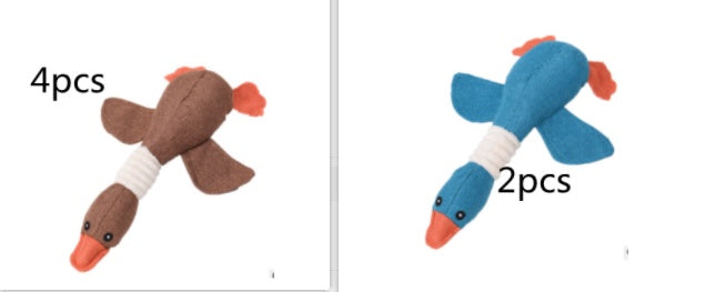 Interactive plush squeaky dog toy in brown and blue, ideal for dogs to play and cuddle.