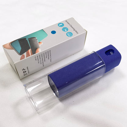 Portable mobile phone screen cleaner set in use, featuring microfiber wipe and cleaning fluid in a compact design.
