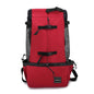 Dog carrier backpack in red color, designed for small dogs and cats, featuring a lightweight and durable design.