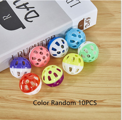 Interactive bell cat toy set featuring colorful plastic balls for feline playtime.