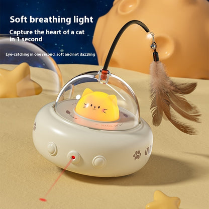 Electric cat teaser toy with natural feathers and laser for interactive play, features automatic obstacle avoidance.