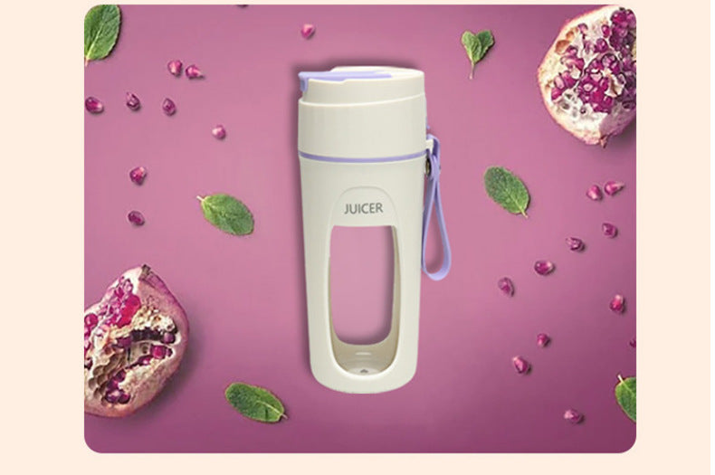 Portable USB Blender Cup for Smoothies & Juices with stylish design and pomegranate background.