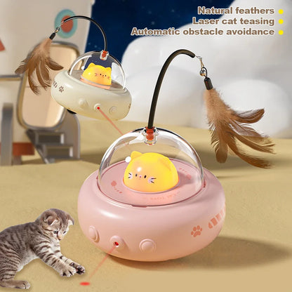 Electric cat teaser toy with natural feathers and laser for interactive play, features automatic obstacle avoidance.