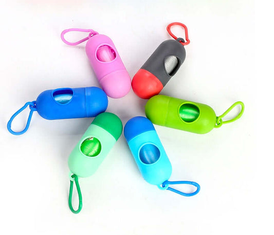 Pet Trash Bag Dog Poop Bags For Waste Refuse Cleanup in six colorful designs with carabiners and waste bags.