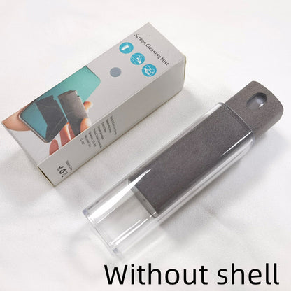 Portable mobile phone screen cleaner set in use, featuring microfiber wipe and cleaning fluid in a compact design.
