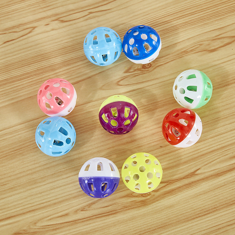 Colorful interactive bell cat toy balls for pets, plastic sound producing toys for playful cats.