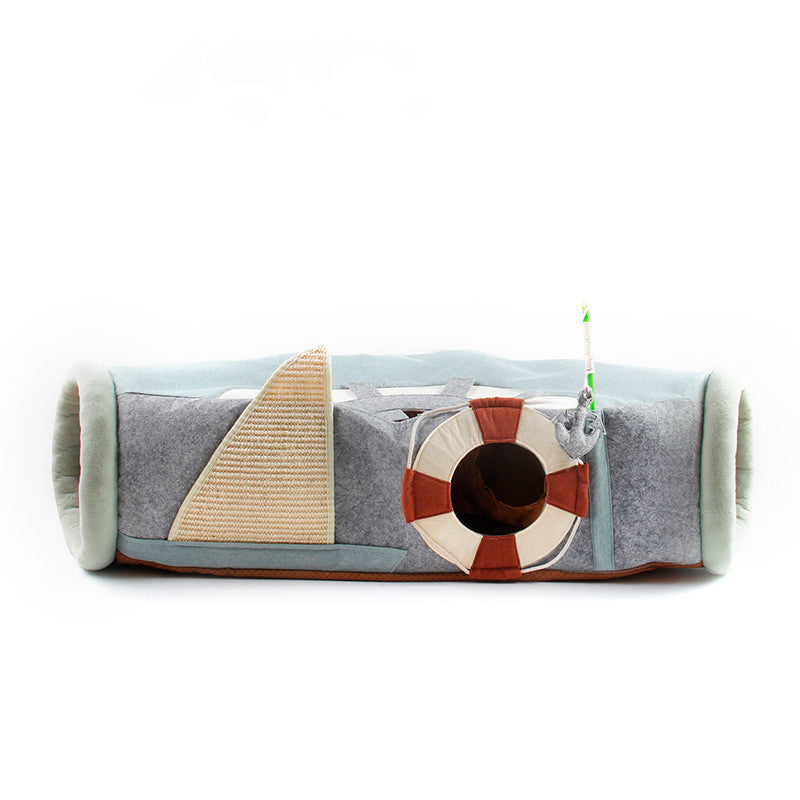 Foldable cat tunnel bed designed with a ship theme and sisal scratching area, perfect for playful cats.