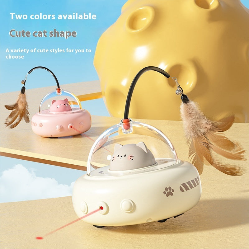 Electric cat teaser toy with natural feathers and laser for interactive play, features automatic obstacle avoidance.