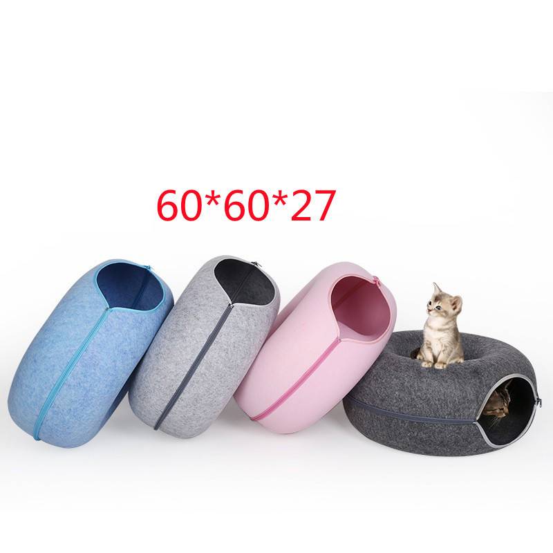 Gray felt cat tunnel bed, cozy pet cave made of natural felt material, ideal for cat relaxation and play.