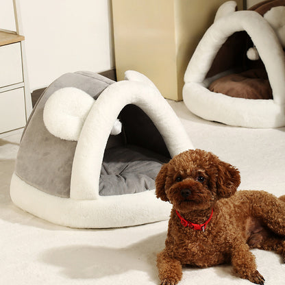 Self-warming cat cave bed featuring a cozy tent design, perfect for small dogs and cats.
