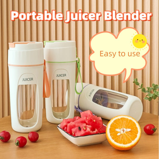 Portable USB blender cup displayed with fresh ingredients, highlighting its easy-to-use design and portability.