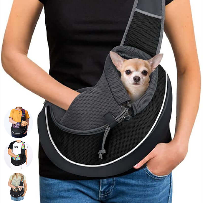 Pet crossbody carrier bag featuring a small dog comfortably resting inside, designed for outdoor use.