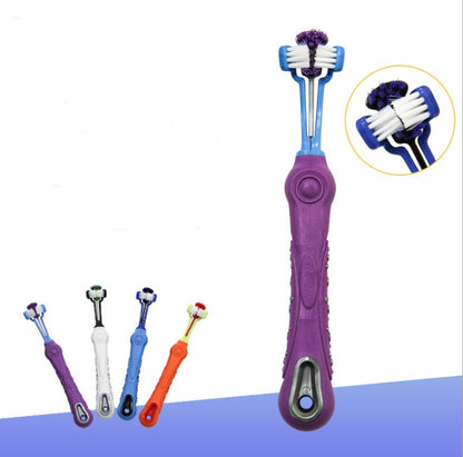 Three sided pet toothbrush set for effective dog dental care and bad breath prevention.