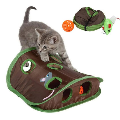 Interactive cat hide and seek toy with a playful kitten exploring nine holes and hidden balls.