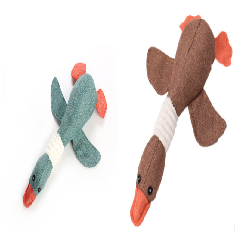 Interactive plush squeaky dog toy in brown and blue, ideal for dogs to play and cuddle.