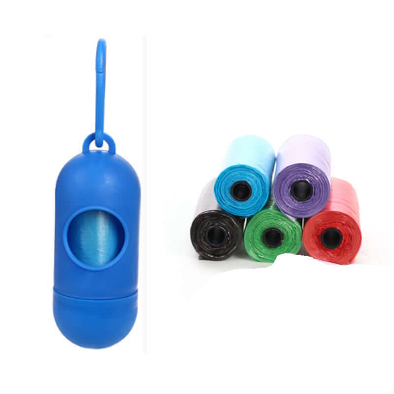 Pet Trash Bag Dog Poop Bags For Waste Refuse Cleanup in assorted colors with blue dispenser.