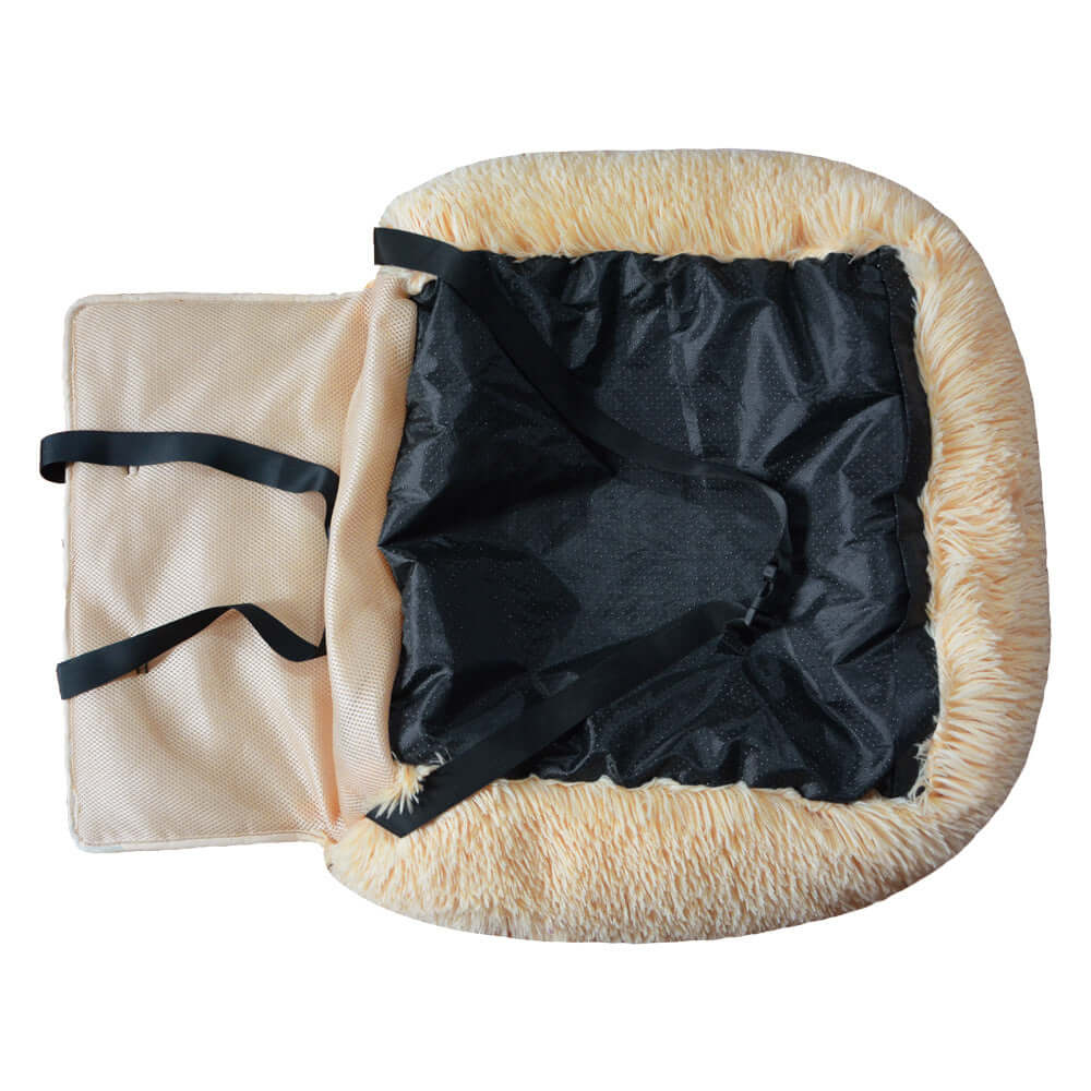 Washable dog car seat bed in apricot color showcasing removable and washable fabric for travel comfort.