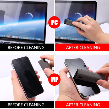 Portable mobile phone screen cleaner set in use, featuring microfiber wipe and cleaning fluid in a compact design.