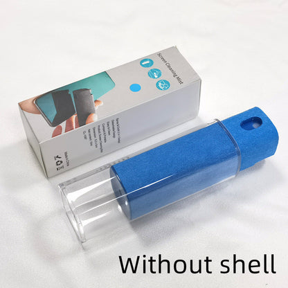 Portable mobile phone screen cleaner set in use, featuring microfiber wipe and cleaning fluid in a compact design.