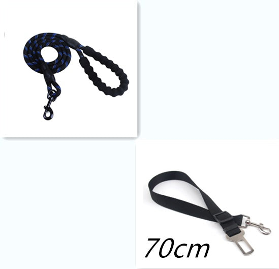 Person walking a dog on a reflective nylon dog leash in a forested area.