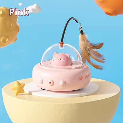 Electric cat teaser toy with natural feathers and laser for interactive play, features automatic obstacle avoidance.