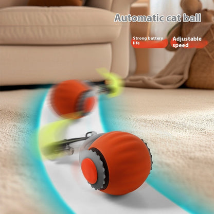 Automatic rolling cat ball in motion on carpet, showcasing adjustable speed and strong battery life features.