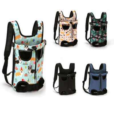 Collection of five pet chest bags in various colors and patterns, ideal for a dog carrier sling.