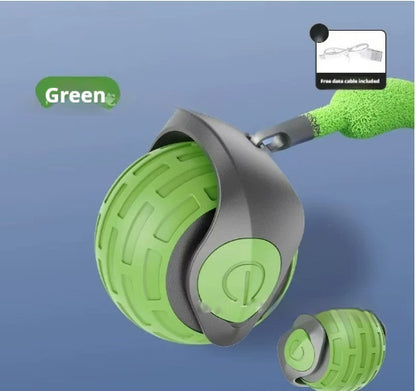 Automatic rolling cat ball in green color with detachable handle and charging cable included.