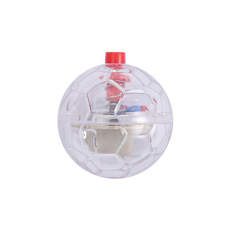 Glowing cat toy ball designed for pets, featuring a transparent plastic exterior and a bright red top.