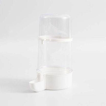 Automatic bird water dispenser made of PP and PS, clear and white, designed for pet birds.