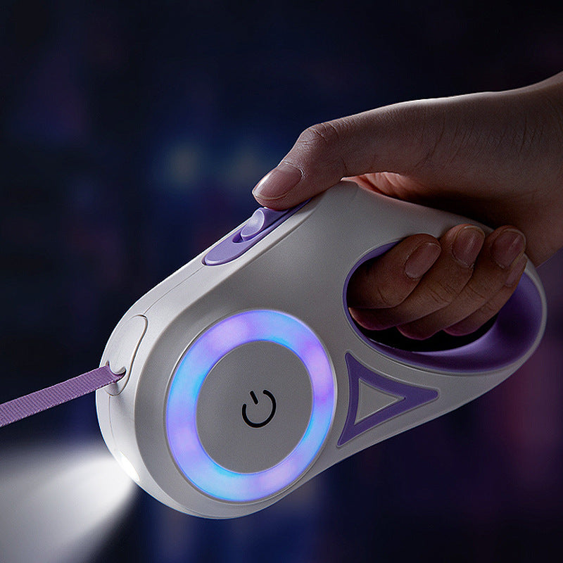 Retractable dog leash with spotlight held in hand, showcasing enhanced visibility features for safe dog walking.