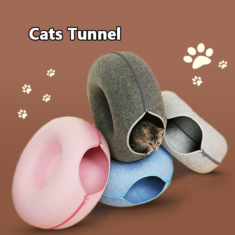 Two playful cats interacting with a 2-in-1 felt cat tunnel bed in stylish grey felt.