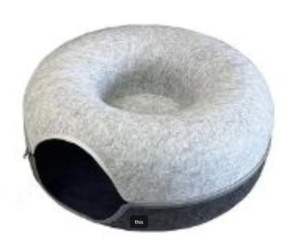 Two playful cats interacting with a 2-in-1 felt cat tunnel bed in stylish grey felt.