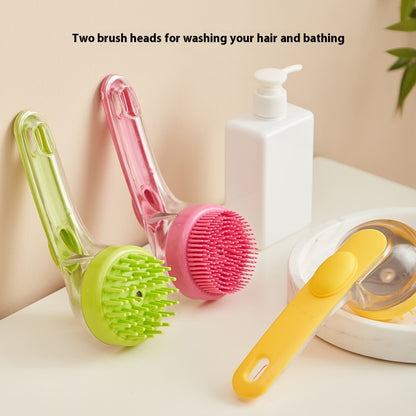Pet bath grooming brush with two brush heads and shampoo container for efficient bathing and grooming.