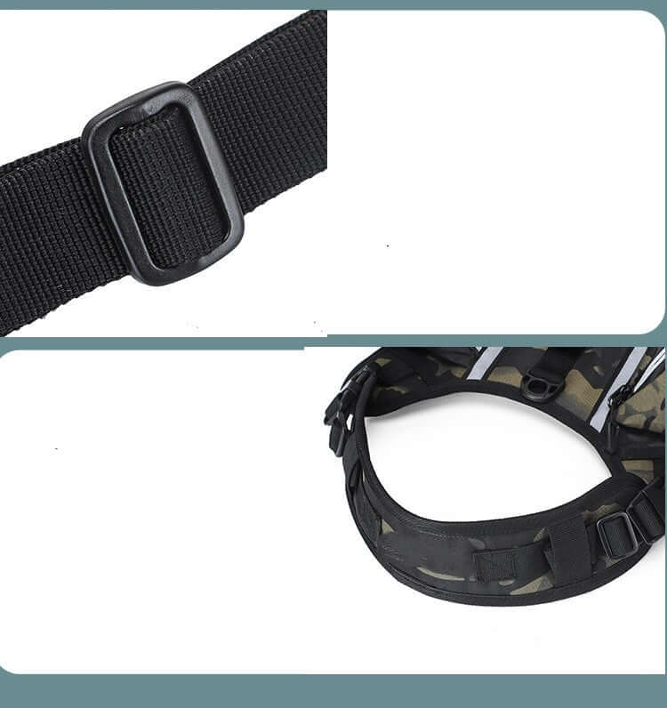 Close-up of the adjustable straps and buckle on a large dog hiking backpack, showcasing durable construction.