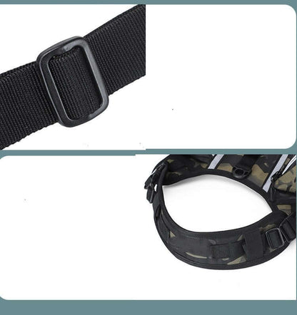 Close-up of the adjustable straps and buckle on a large dog hiking backpack, showcasing durable construction.