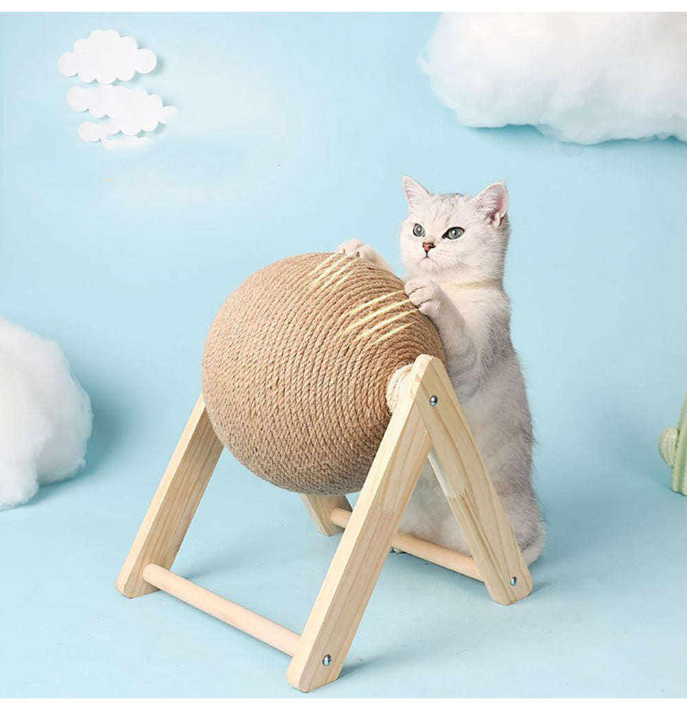 Sisal vertical cat toy featuring a cat playing with a round sisal ball on a wooden stand, promoting feline activity.