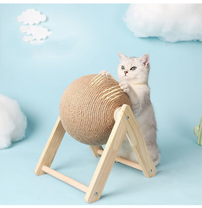 Sisal vertical cat toy featuring a cat playing with a round sisal ball on a wooden stand, promoting feline activity.