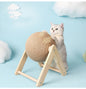 Sisal vertical cat toy featuring a cat playing with a round sisal ball on a wooden stand, promoting feline activity.