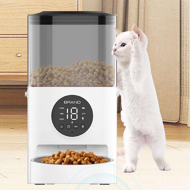 WiFi automatic pet feeder with digital display, holding cat food, next to curious cat.