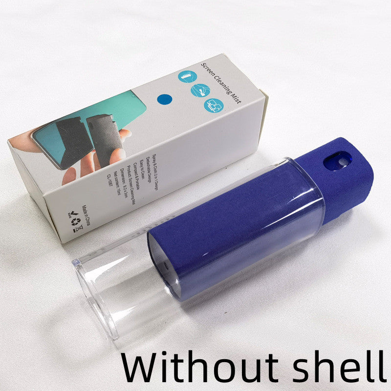 Portable mobile phone screen cleaner set in use, featuring microfiber wipe and cleaning fluid in a compact design.