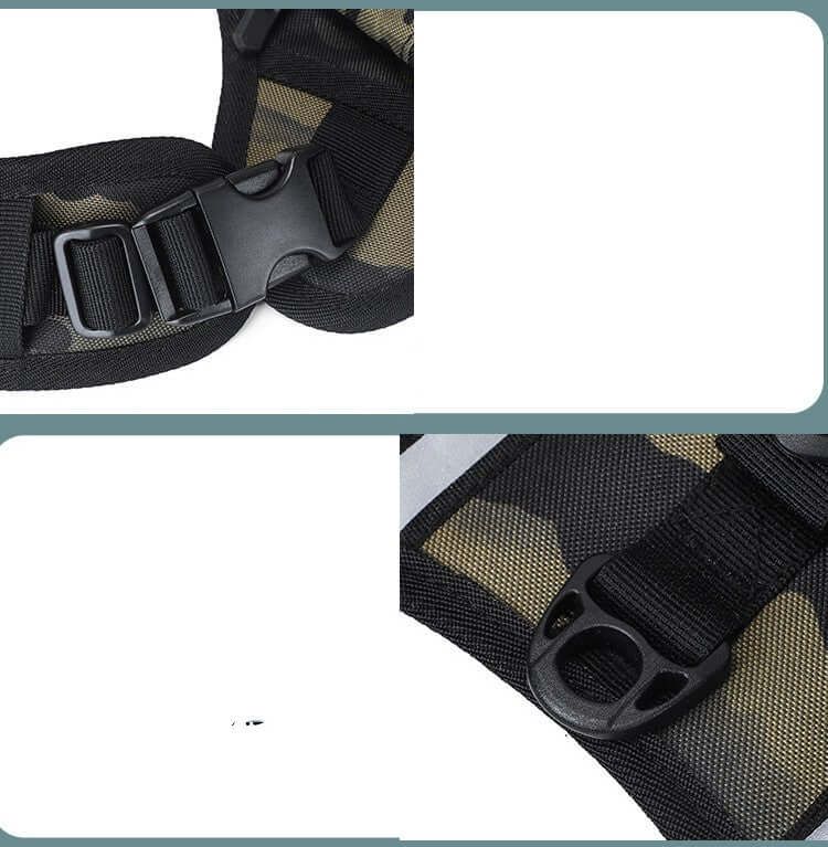 Close-up of the buckle and attachment points on a large dog hiking backpack for pets.