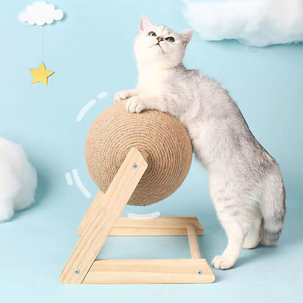 Sisal vertical cat toy featuring a cat playing with a round sisal ball on a wooden stand, promoting feline activity.