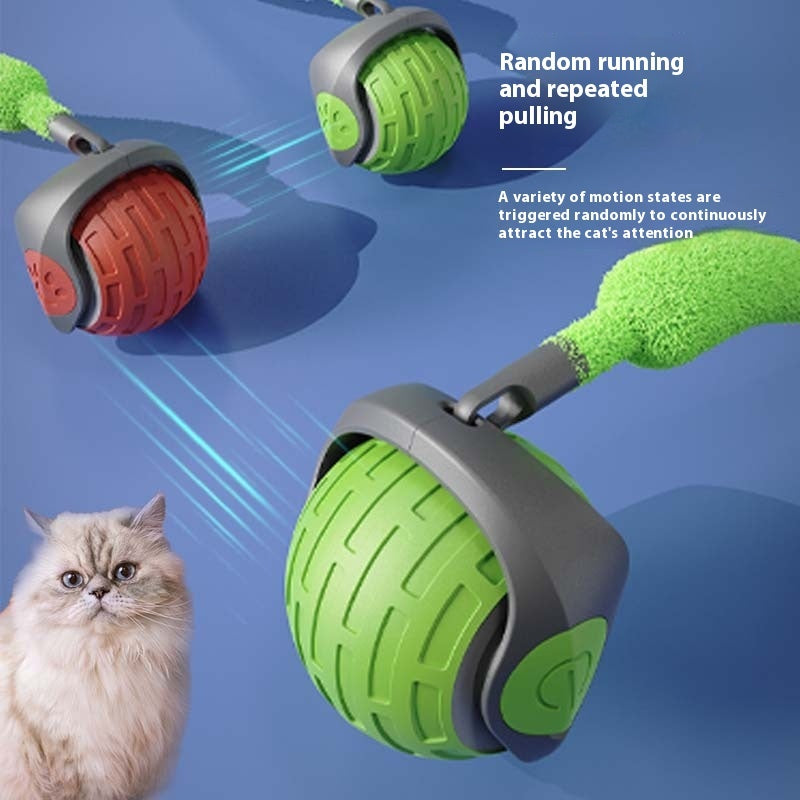Automatic rolling cat ball in action, with red and green colors designed to keep cats engaged and entertained.