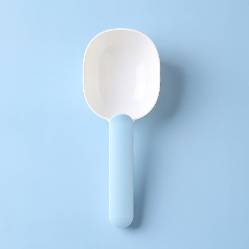 Pet food scoop designed for measuring and serving pet food, featuring a blue handle and a white scoop.