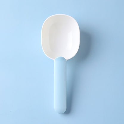 Pet food scoop designed for measuring and serving pet food, featuring a blue handle and a white scoop.