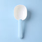 Pet food scoop designed for measuring and serving pet food, featuring a blue handle and a white scoop.