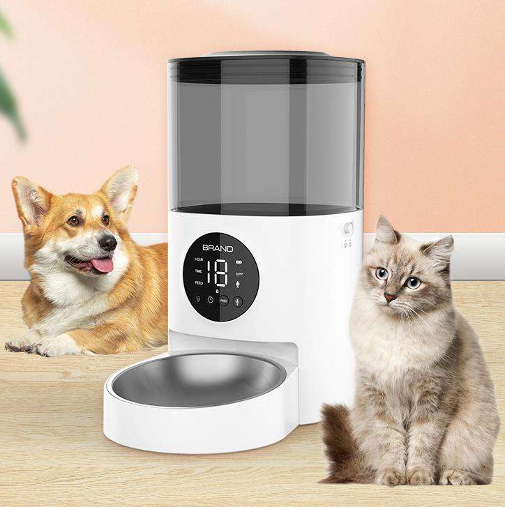 WiFi automatic pet feeder displayed with a dog and cat, highlighting its modern design and ease of use.