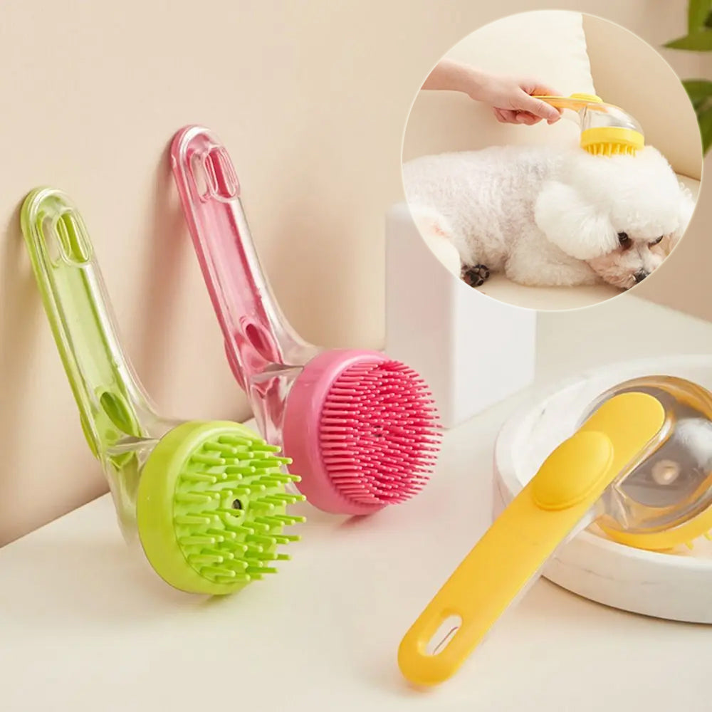 Pet bath grooming brush for easy bathing and grooming of pets, featuring soft brush heads in vibrant colors.